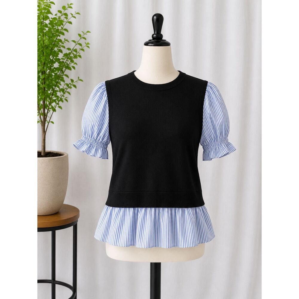 Zac & Rachel Women’s Navy Mixed Media Top Striped Puff Sleeve Ruffle Medium NWT